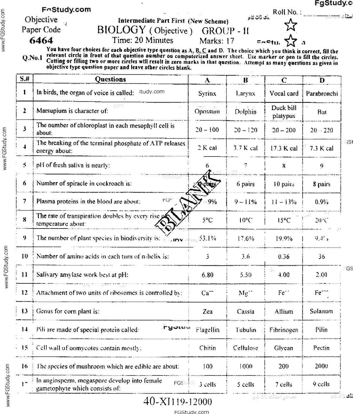 11th Class Biology Past Paper 2019 Group 2 Objective Faisalabad Board